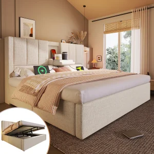 Gestoffeerd tweepersoonsbed met opbergruimte – 180 x 200 cm – met verborgen bekerhouder en oplaadstation – linnen – beige Gestoffeerd tweepersoonsbed met opbergruimte – 180 x 200 cm – met verborgen bekerhouder en oplaadstation – linnen – beige