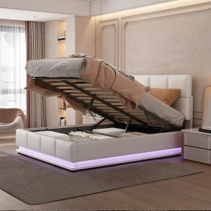 Gestoffeerd opbergbed – 140 x 200 cm – met LED's + lattenbodem – MDF + Metaal + Leer – wit Gestoffeerd opbergbed – 140 x 200 cm – met LED's + lattenbodem – MDF + Metaal + Leer – wit