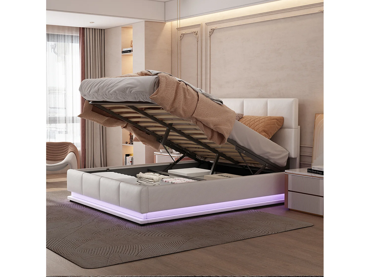 Gestoffeerd opbergbed - 140 x 200 cm - met LED's + lattenbodem - MDF + Metaal + Leer - wit