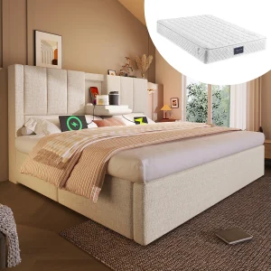 Gestoffeerd tweepersoonsbed met opbergruimte – 160 x 200 cm – met verborgen bekerhouder en oplaadstation – linnen – beige (met matras) Gestoffeerd tweepersoonsbed met opbergruimte – 160 x 200 cm – met verborgen bekerhouder en oplaadstation – linnen – beige (met matras)