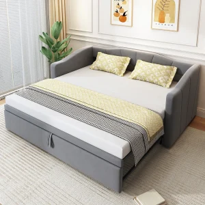Gestoffeerde slaapbank met uitschuifbaar bed – 90/180 x 200 cm – met lattenbodem – fluweel – grijs Gestoffeerde slaapbank met uitschuifbaar bed – 90/180 x 200 cm – met lattenbodem – fluweel – grijs