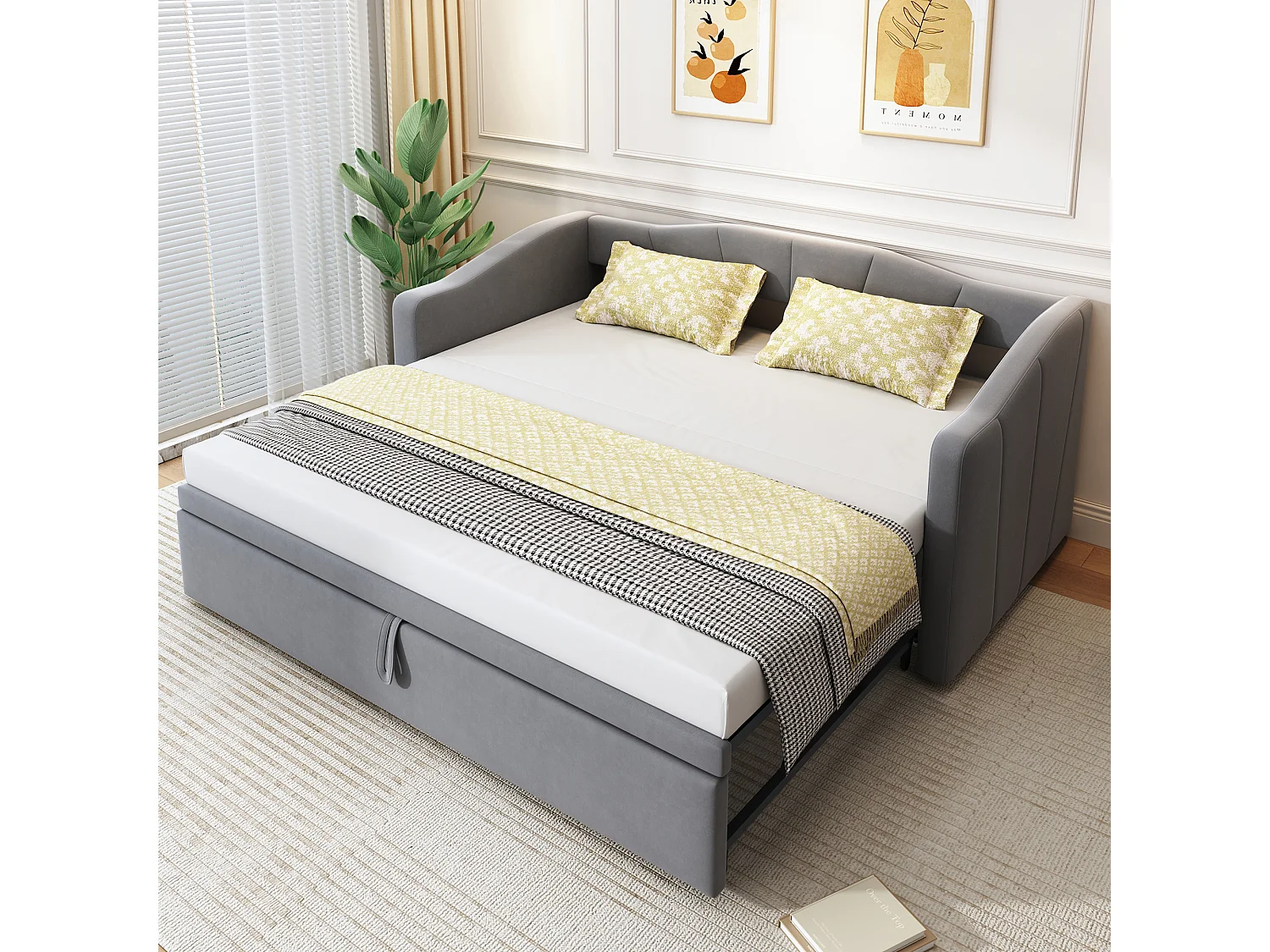 Gestoffeerde slaapbank met uitschuifbaar bed - 90/180 x 200 cm - met lattenbodem - fluweel - grijs