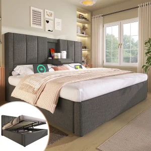 Gestoffeerd tweepersoonsbed met opbergruimte – 180 x 200 cm – met verborgen bekerhouder en oplaadstation – linnen – grijs Gestoffeerd tweepersoonsbed met opbergruimte – 180 x 200 cm – met verborgen bekerhouder en oplaadstation – linnen – grijs