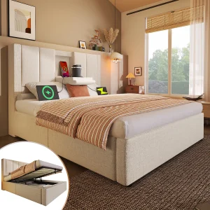 Gestoffeerd eenpersoonsbed met opbergruimte – 90 x 200 cm – met verborgen bekerhouder en oplaadstation – linnen – beige Gestoffeerd eenpersoonsbed met opbergruimte – 90 x 200 cm – met verborgen bekerhouder en oplaadstation – linnen – beige