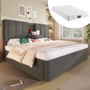 Gestoffeerd tweepersoonsbed met opbergruimte – 160 x 200 cm – met verborgen bekerhouder en oplaadstation – linnen – grijs (met matras) Gestoffeerd tweepersoonsbed met opbergruimte – 160 x 200 cm – met verborgen bekerhouder en oplaadstation – linnen – grijs (met matras)