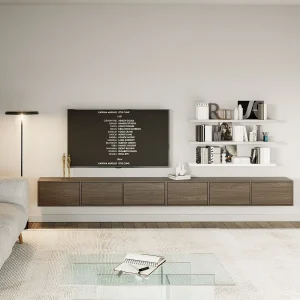 Hangend tv-meubel met 6 kleppen – 300 cm – houtlook walnoot Wisconsin – FRAMME Hangend tv-meubel met 6 kleppen – 300 cm – houtlook walnoot Wisconsin – FRAMME