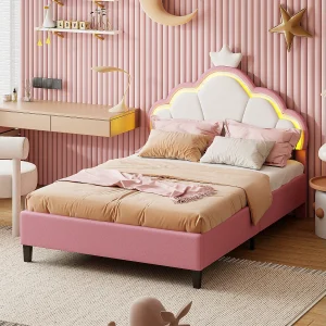 Gestoffeerd kinderbed 90x200cm, kinderbed, kroonvormig prinsessenbed met ledverlichting, in hoogte verstelbaar hoofdeinde, roze Gestoffeerd kinderbed 90x200cm, kinderbed, kroonvormig prinsessenbed met ledverlichting, in hoogte verstelbaar hoofdeinde, roze