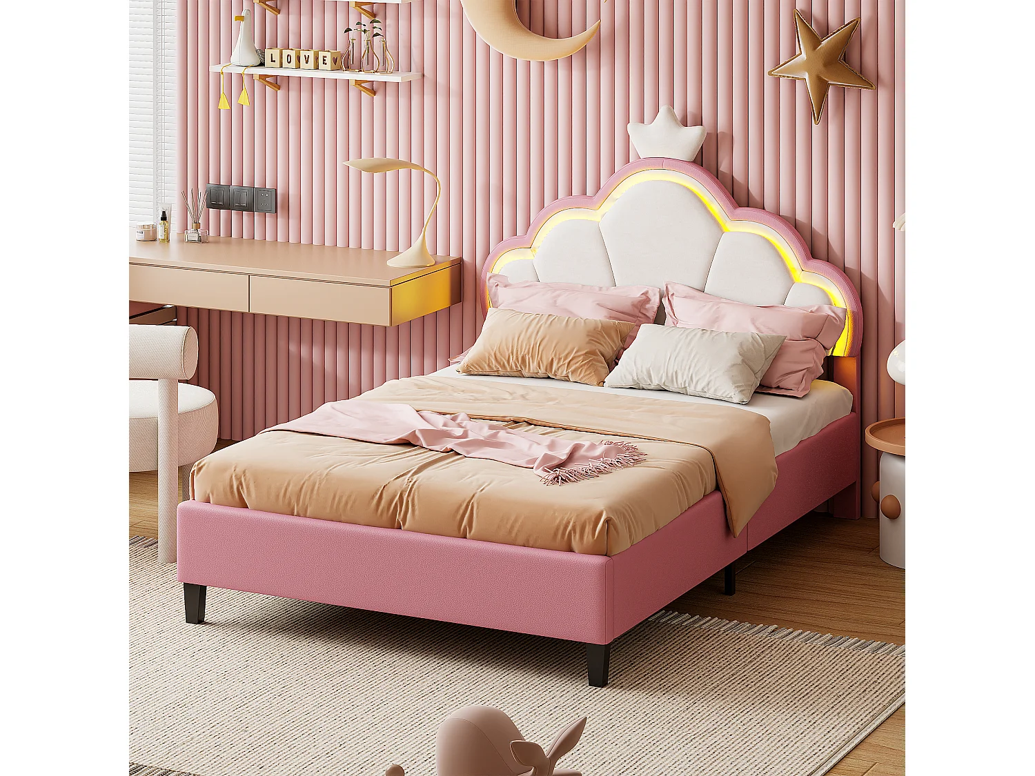 Gestoffeerd kinderbed 90x200cm, kinderbed, kroonvormig prinsessenbed met ledverlichting, in hoogte verstelbaar hoofdeinde, roze