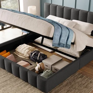 Gestoffeerd linnen bed 140x200cm met verstelbaar hoofdeinde – lattenbodem – grijs Gestoffeerd linnen bed 140x200cm met verstelbaar hoofdeinde – lattenbodem – grijs