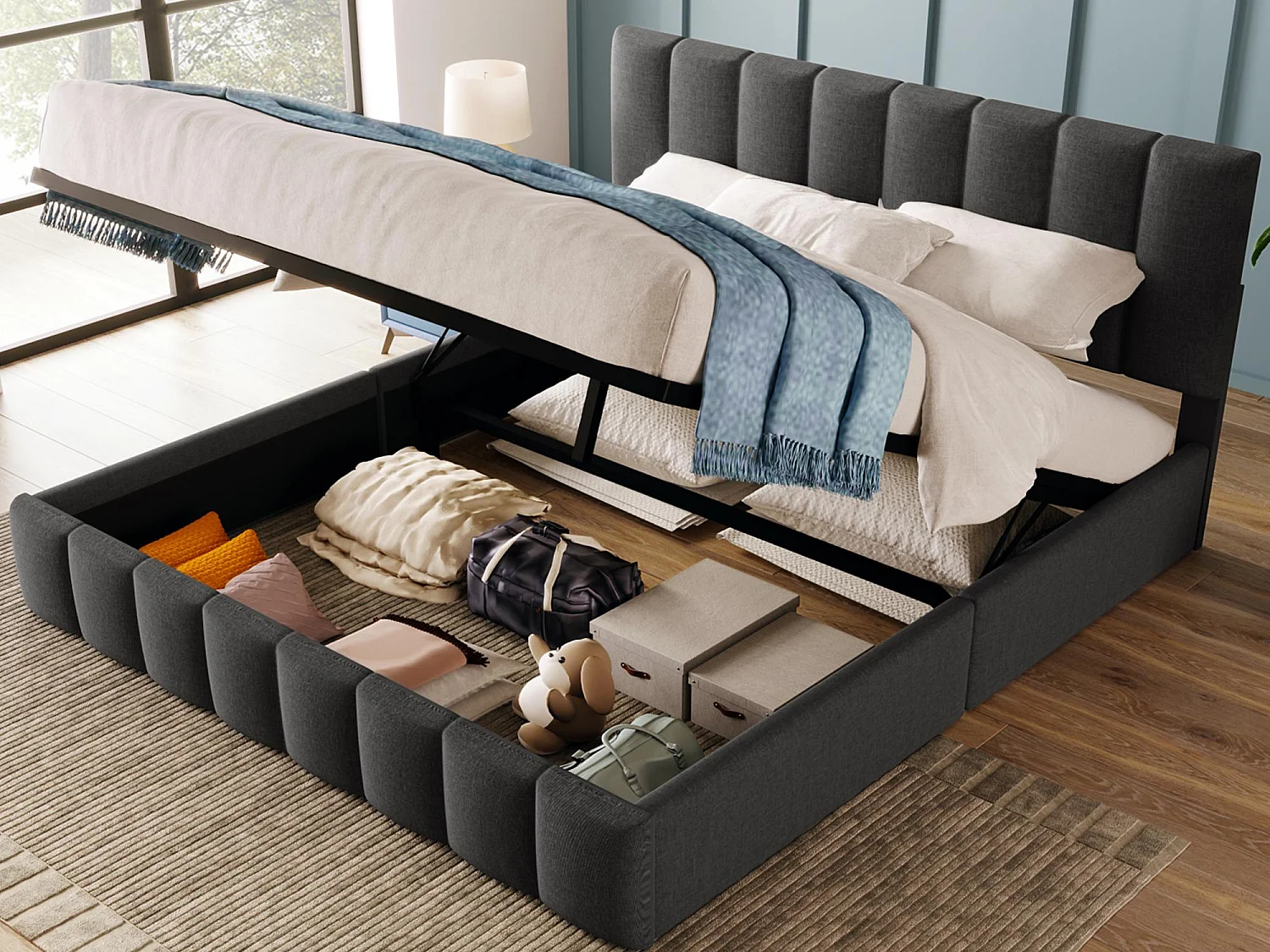 Gestoffeerd linnen bed 140x200cm met verstelbaar hoofdeinde - lattenbodem - grijs