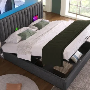 Linnen gewatteerd opbergbed met oplaadpoorten en LED – 160x200cm – 3 vakken op het verstelbare hoofdeinde – Grijs Linnen gewatteerd opbergbed met oplaadpoorten en LED – 160x200cm – 3 vakken op het verstelbare hoofdeinde – Grijs