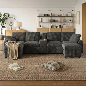 Hoekbank met 2 opbergvoetenbanken + 2 bekerhouders + 1 USB-aansluiting en stopcontacten – 315 x 135 x 81 cm – fluweel – grijs