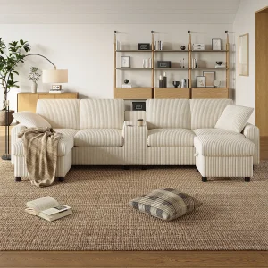 Hoekbank met 2 opbergvoetenbanken + 2 bekerhouders + 1 USB-aansluiting en stopcontacten – 315 x 135 x 81 cm – fluweel – beige