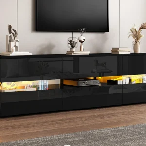 Glanzend TV-meubel 160x39x45 cm – met LED-verlichting – 2 deuren en 1 lade – Open planken – Glazen paneel – Zwart