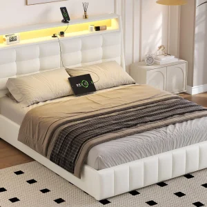 Gestoffeerd opbergbed 160×200 cm – met LED en USB-poort – Verstelbare hoofdbord – MDF+PU – Wit (matras niet inbegrepen) Gestoffeerd opbergbed 160×200 cm – met LED en USB-poort – Verstelbare hoofdbord – MDF+PU – Wit (matras niet inbegrepen)