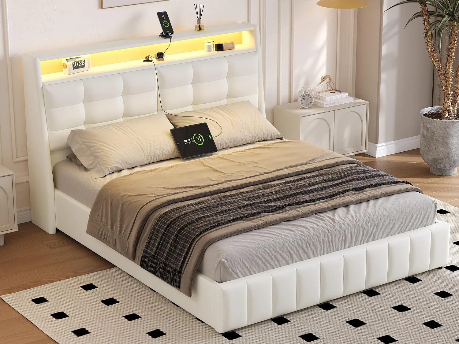 Gestoffeerd opbergbed 160x200 cm - met LED en USB-poort - Verstelbare hoofdbord - MDF+PU - Wit (matras niet inbegrepen)