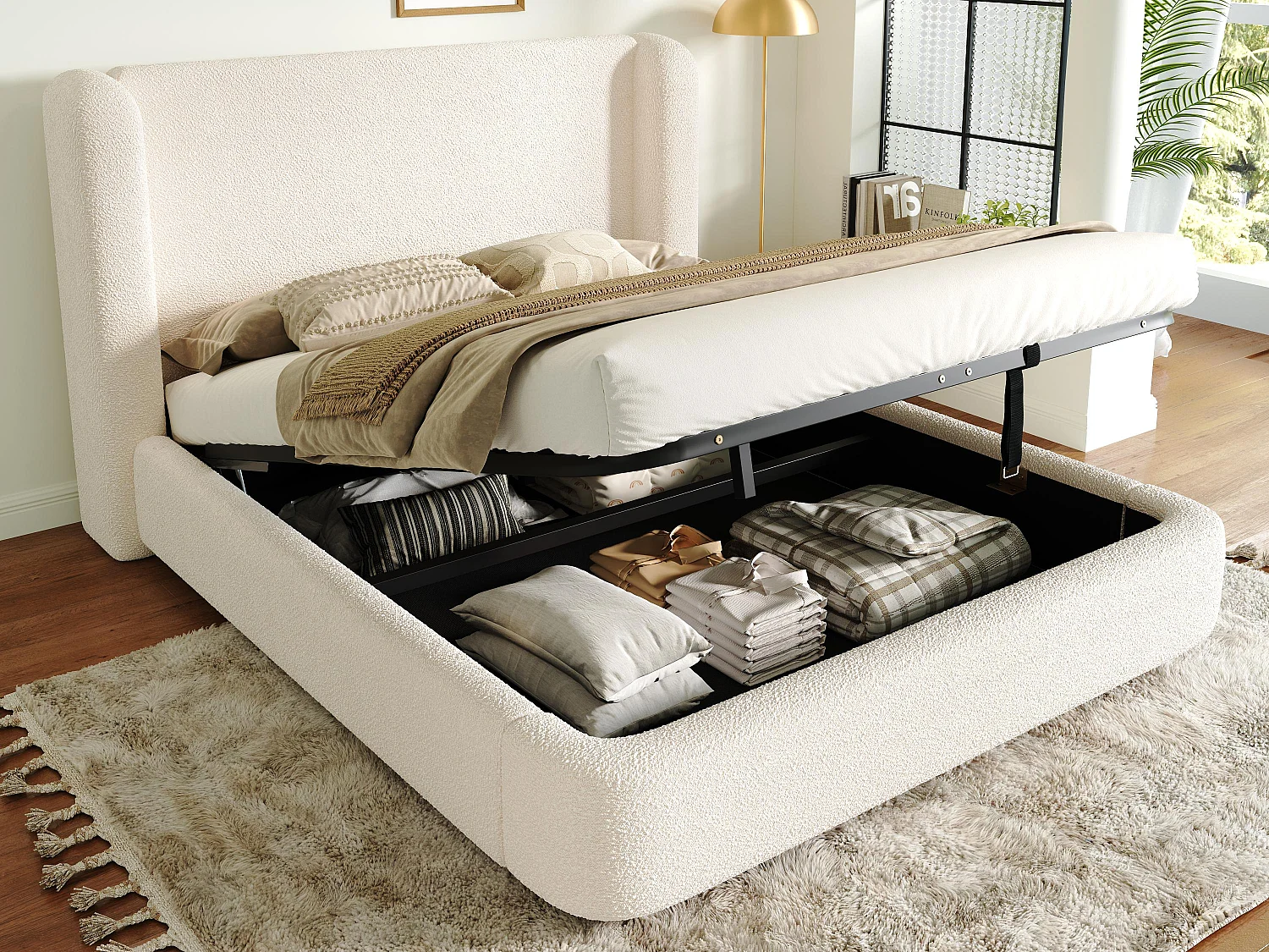 Gestoffeerd opbergbed 160x200cm - met opbergruimte - Bouclé fluweel - Beige (matras niet inbegrepen)