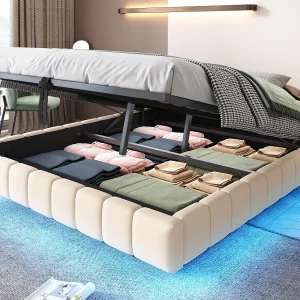 Gestoeld opbergbed 160×200 cm – zonder hoofdeinde – met LED-verlichting – linnen – beige (matras niet inbegrepen) Gestoeld opbergbed 160×200 cm – zonder hoofdeinde – met LED-verlichting – linnen – beige (matras niet inbegrepen)