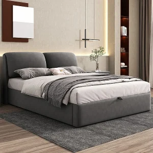 Gestoffeerd bed 140×190 cm – met drie lades – sommier met spijlen – fluweel – grijs (matras niet inbegrepen) Gestoffeerd bed 140×190 cm – met drie lades – sommier met spijlen – fluweel – grijs (matras niet inbegrepen)