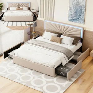 Gestoffeerd bed 140x200cm met LED en 4 lades, tweepersoonsbed met in hoogte verstelbaar hoofdeinde, met lattenbodem, linnen, beige Gestoffeerd bed 140x200cm met LED en 4 lades, tweepersoonsbed met in hoogte verstelbaar hoofdeinde, met lattenbodem, linnen, beige