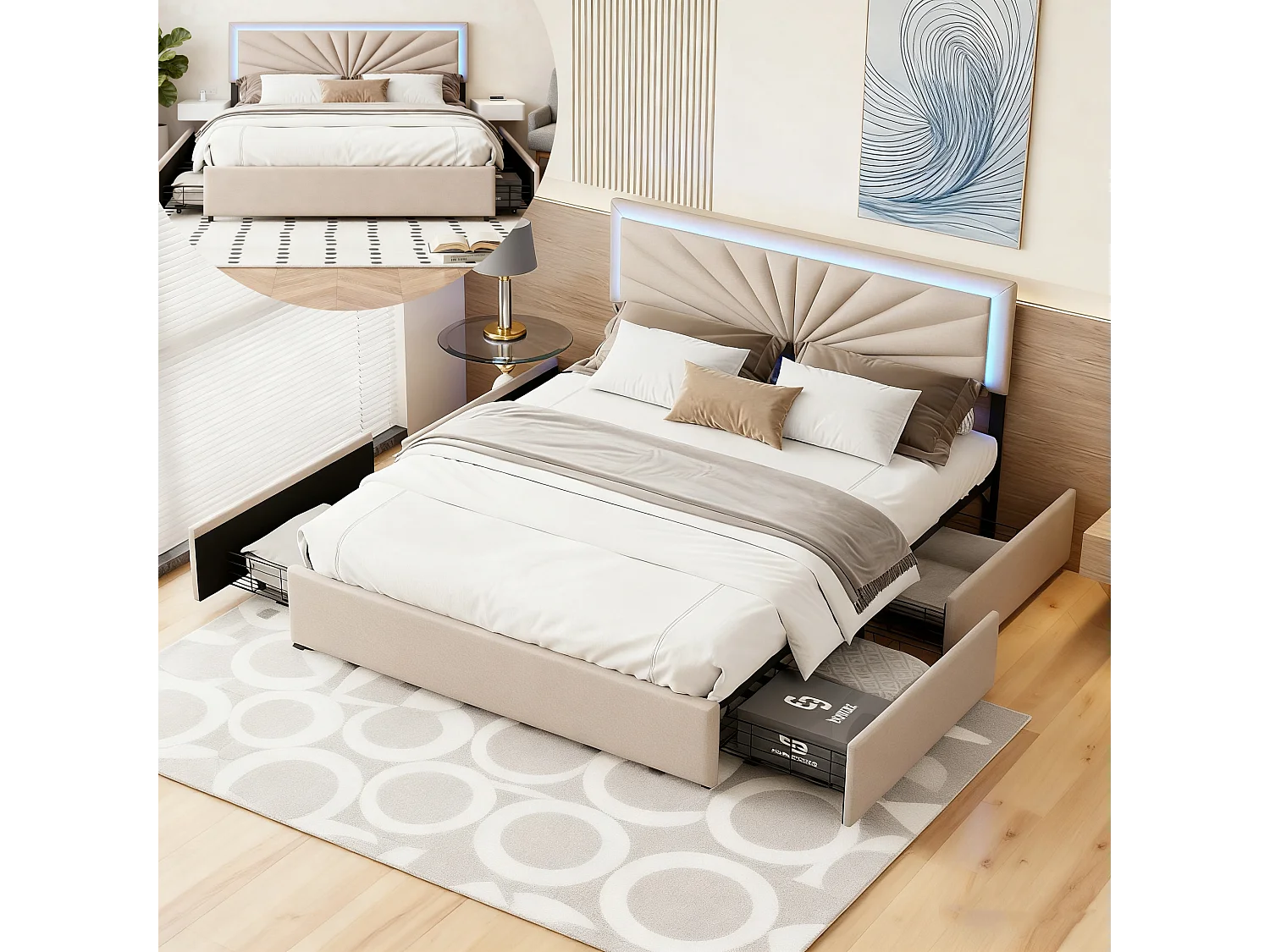 Gestoffeerd bed 140x200cm met LED en 4 lades, tweepersoonsbed met in hoogte verstelbaar hoofdeinde, met lattenbodem, linnen, beige