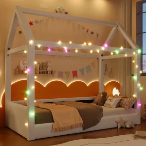 Gestoffeerde slaapbank – 90 x 200 cm – met LED's + baldakijn – MDF – beige Gestoffeerde slaapbank – 90 x 200 cm – met LED's + baldakijn – MDF – beige