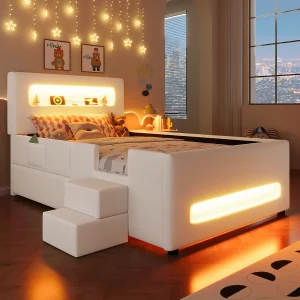 Gestoffeerd kinderbed – 90 x 200 cm – met trap + lades + hoofdbord met LED's en opbergruimte – MDF – wit Gestoffeerd kinderbed – 90 x 200 cm – met trap + lades + hoofdbord met LED's en opbergruimte – MDF – wit