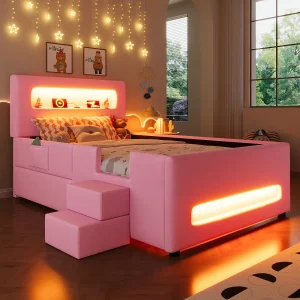 Gestoffeerd kinderbed – 90 x 200 cm – met trap + lades + hoofdbord met LED's en opbergruimte – MDF – roze Gestoffeerd kinderbed – 90 x 200 cm – met trap + lades + hoofdbord met LED's en opbergruimte – MDF – roze