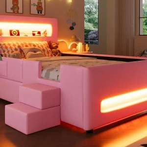 Gestoffeerd eenpersoonsbed 90×200 cm – met LED-verlichting – met trap – 1 lade en opbergzak – Roze​ (matras niet inbegrepen)