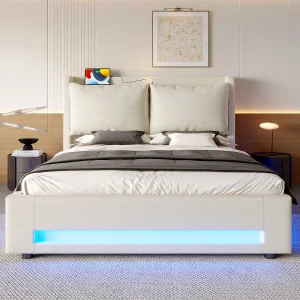 Hemelbed 140×200 cm met fluwelen hoofdeinde, opbergruimte, USB-C-poorten, ledverlichting, afneembare kussens, stofhoes Hemelbed 140×200 cm met fluwelen hoofdeinde, opbergruimte, USB-C-poorten, ledverlichting, afneembare kussens, stofhoes