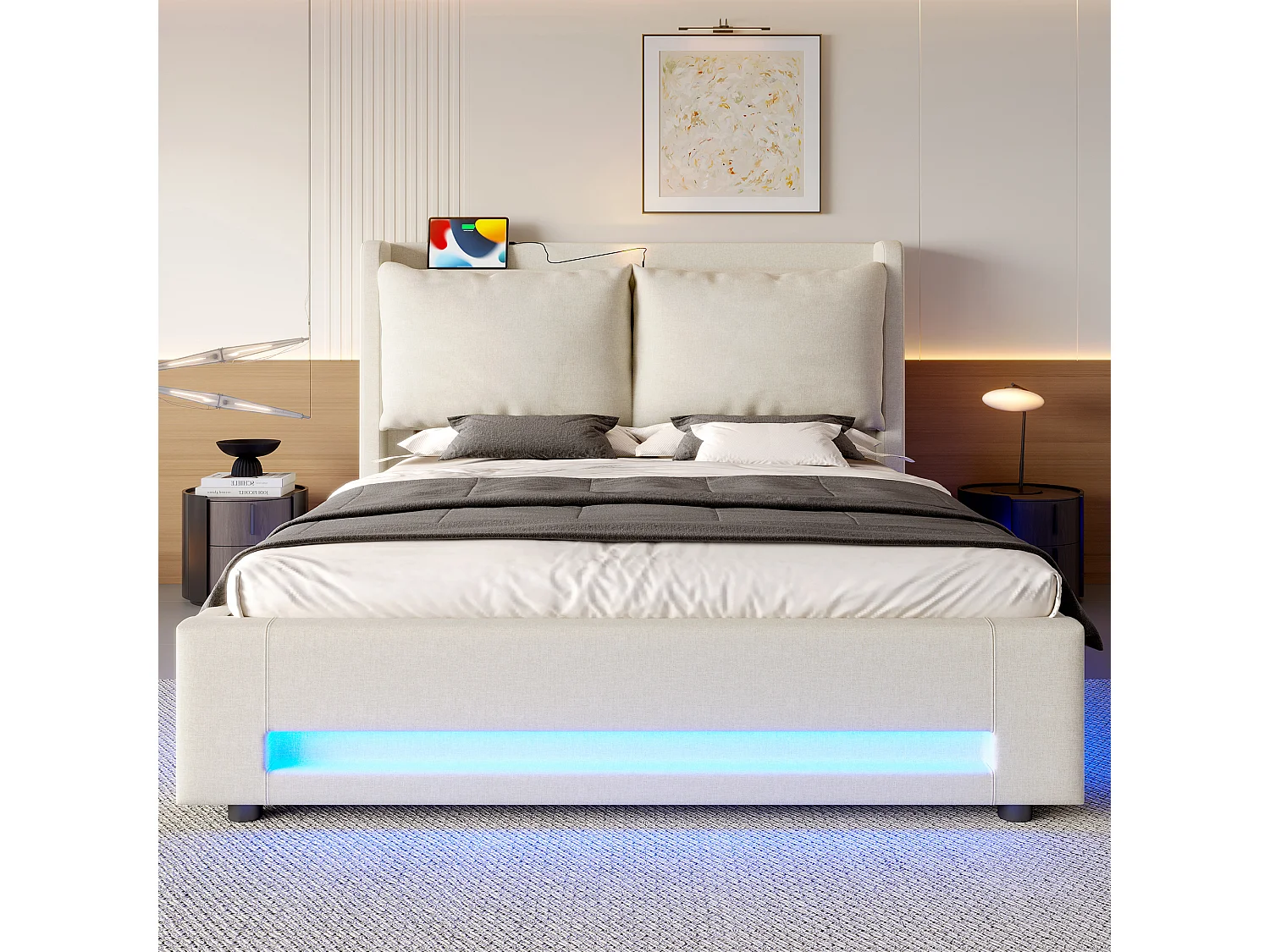 Hemelbed 140x200 cm met fluwelen hoofdeinde, opbergruimte, USB-C-poorten, ledverlichting, afneembare kussens, stofhoes