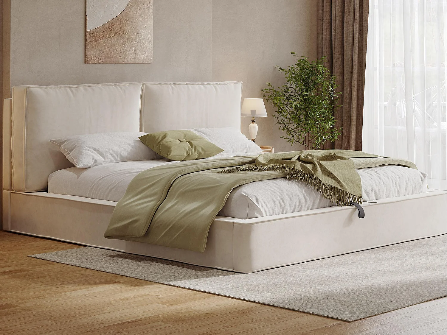 Gestoffeerd opbergbed 180x200 cm - met opbergruimte - Chenille stof - Beige (matras niet inbegrepen)