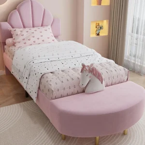 Gestoffeerd kinderbed 90×200 cm – met bank aan het voeteneinde – met lattenbodem – Fluweel + multiplex – Roze (zonder matras) Gestoffeerd kinderbed 90×200 cm – met bank aan het voeteneinde – met lattenbodem – Fluweel + multiplex – Roze (zonder matras)