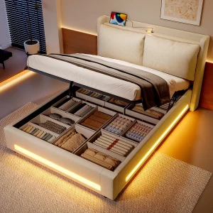 Hemelbed 140×200 cm, fluwelen hoofdeinde, opbergruimte, USB-C-poorten, LED-verlichting, afneembare kussens, stofhoes Hemelbed 140×200 cm, fluwelen hoofdeinde, opbergruimte, USB-C-poorten, LED-verlichting, afneembare kussens, stofhoes