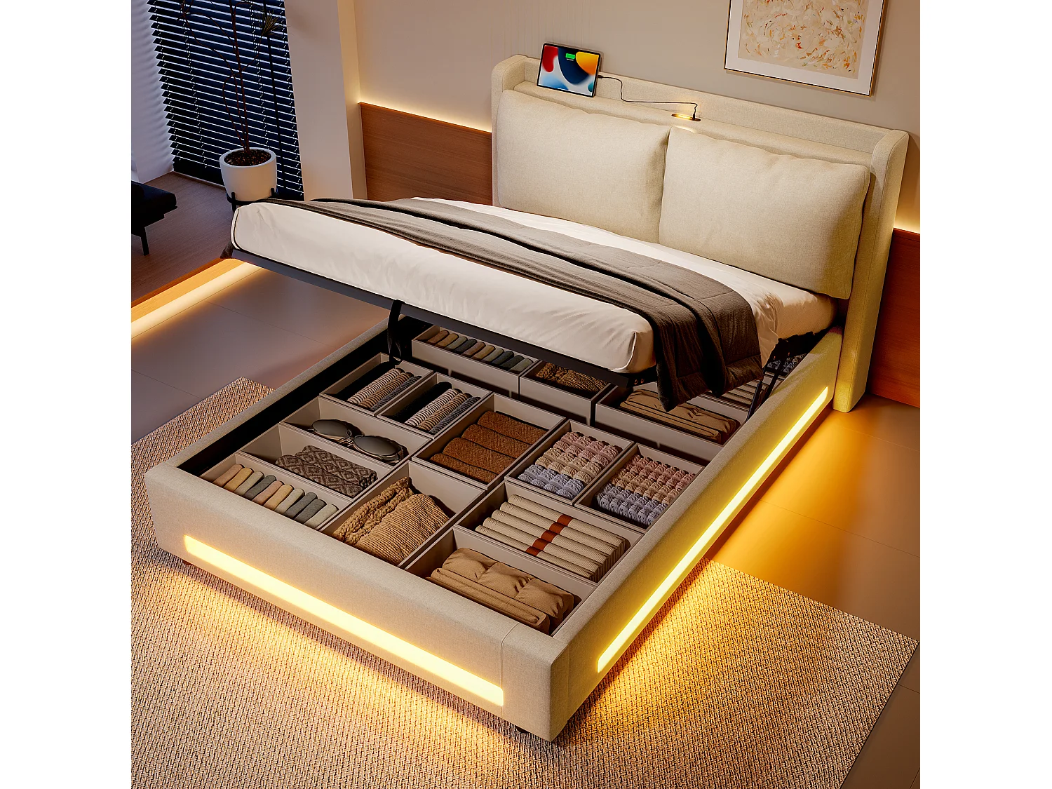 Hemelbed 140x200 cm, fluwelen hoofdeinde, opbergruimte, USB-C-poorten, LED-verlichting, afneembare kussens, stofhoes