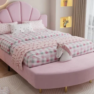 Gestoffeerd kinderbed 140×200 cm – met bank aan het voeteneinde – met lattenbodem – Fluweel + multiplex – Roze (zonder matras)