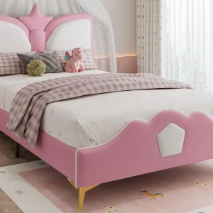 Gestoffeerd kinderbed 90×200 cm – kroonvormig hoofdeinde – met lattenbodem – PU – Roze + Wit (zonder matras) Gestoffeerd kinderbed 90×200 cm – kroonvormig hoofdeinde – met lattenbodem – PU – Roze + Wit (zonder matras)