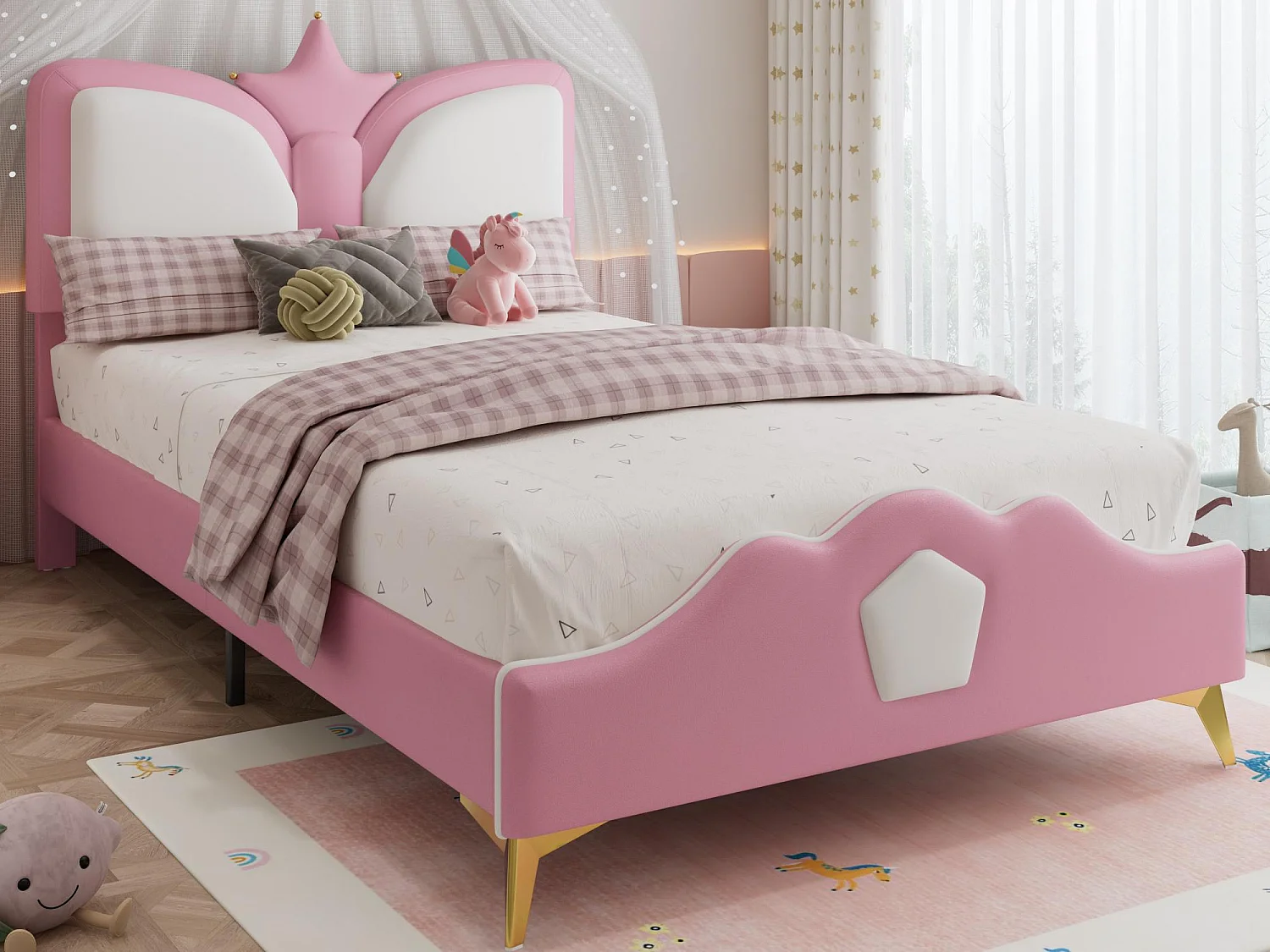 Gestoffeerd kinderbed 90x200 cm - kroonvormig hoofdeinde - met lattenbodem - PU - Roze + Wit (zonder matras)