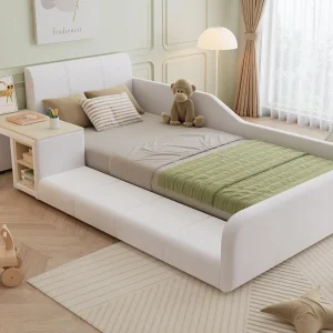 Gestoffeerd kinderbed 90x200cm van fluweel – met bureau en kinderstoel – met opbergplank – Wit (zonder matras) Gestoffeerd kinderbed 90x200cm van fluweel – met bureau en kinderstoel – met opbergplank – Wit (zonder matras)