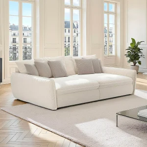 Vierzitsbank met diepzitting comfort in beige chenille stof GIANOLA van Maison Céphy Vierzitsbank met diepzitting comfort in beige chenille stof GIANOLA van Maison Céphy