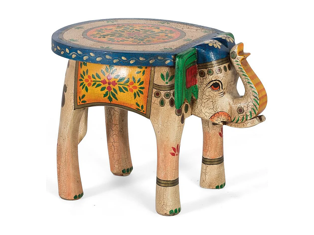Tabouret in manguierhout à la main geschilderd met veelkleurige details