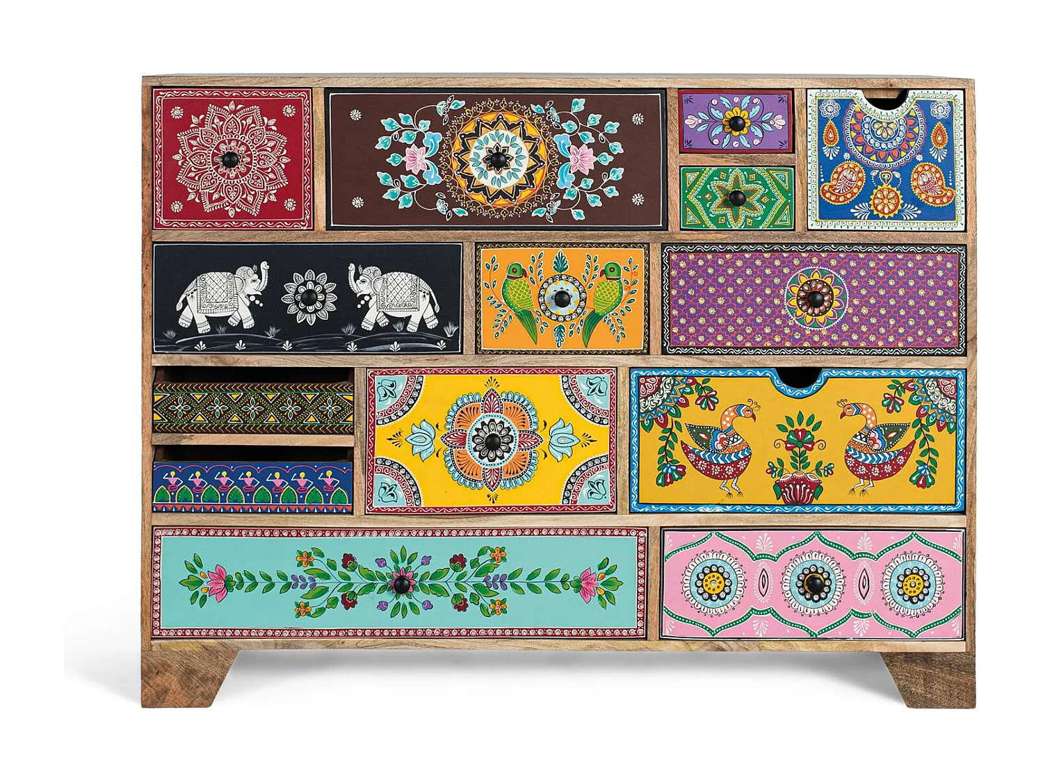Handbeschilderde ladekast met bloemen, olifanten en geometrische figuren