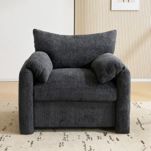 Grijze fauteuil, chenillestof, frame van hout en metaal Grijze fauteuil, chenillestof, frame van hout en metaal