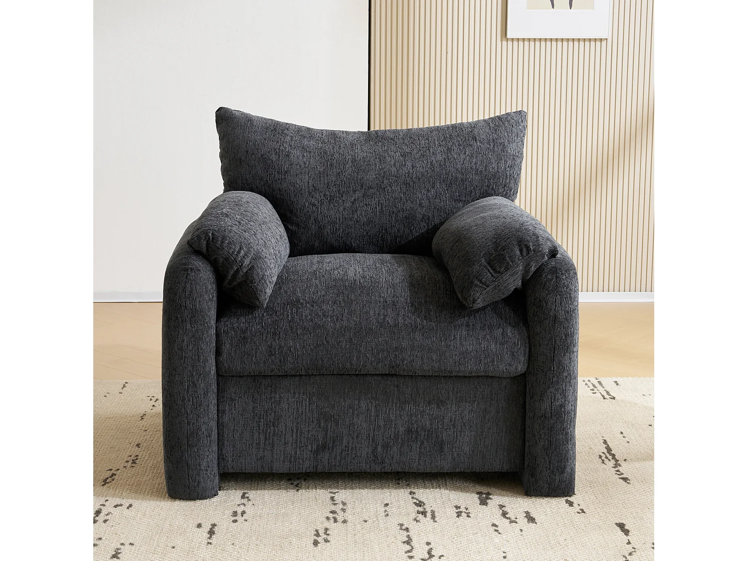Grijze fauteuil, chenillestof, frame van hout en metaal
