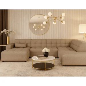 Hoekbank links met poef Bergamo C– stof Raven 30 beige, 364x262x70 cm