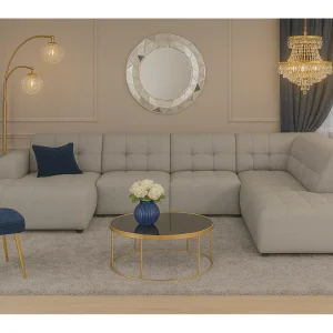 Hoekbank links met poef Bergamo C– stof Raven 7 grijs, 364x262x70 cm
