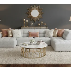 Hoekbank links met poef Bergamo C– stof Raven 6 lichtgrijs, 364x262x70 cm