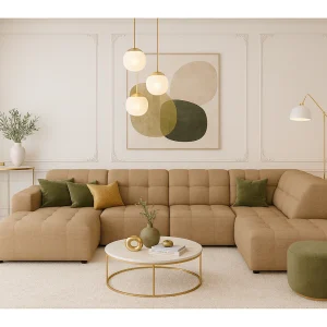 Hoekbank links met poef Bergamo C– stof Raven 34 lichtbruin, 364x262x70 cm