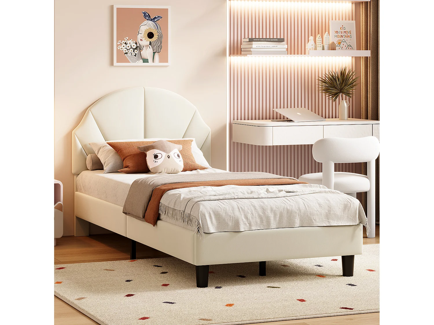 Gestoffeerd kinderbed 90 x 200 cm, met verstelbaar hoofdeinde, lattenbodem, fluweel, beige
