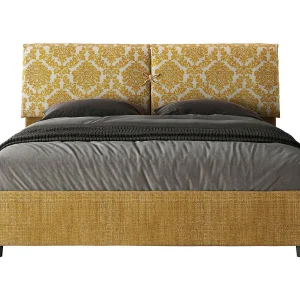 Gestoffeerd bed 160×200 met lattenbodem stof Agata 3 geel Mados
